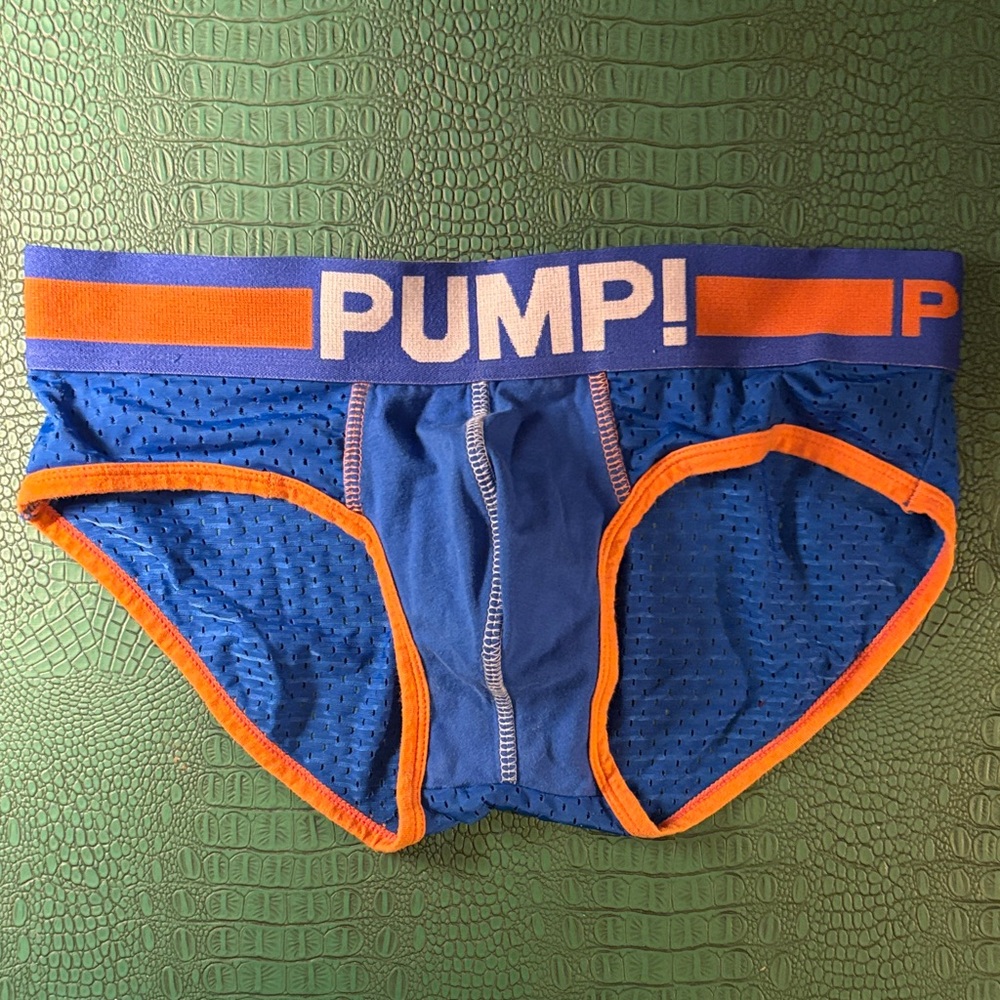 PUMP! blue mesh and orange briefs